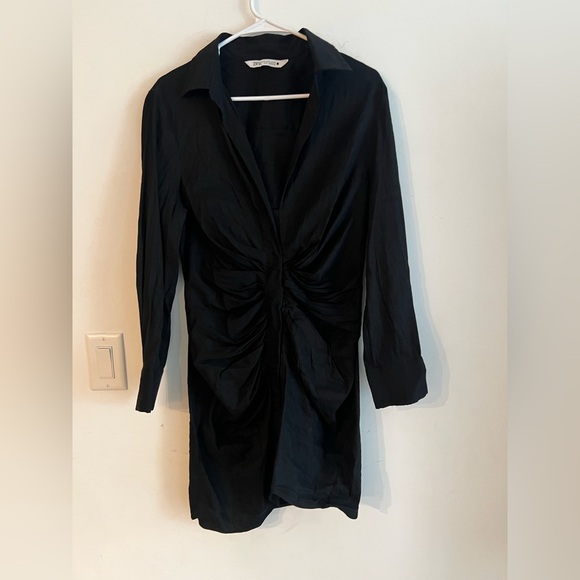 Zara Black Collared Ruched Shirt Dress Long Sleeve Size M - Picture 5 of 11